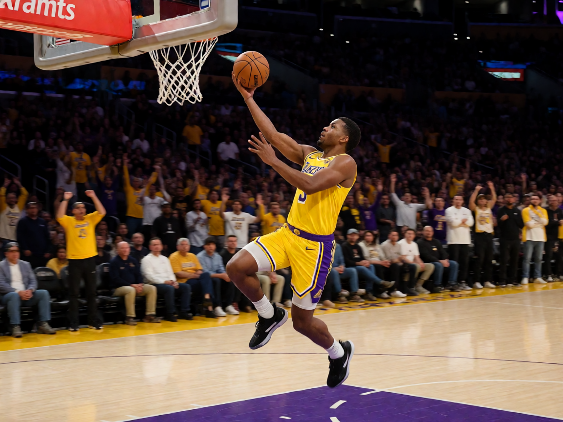 NBA常规赛中球员突破上篮瞬间，球馆内观众热情高涨